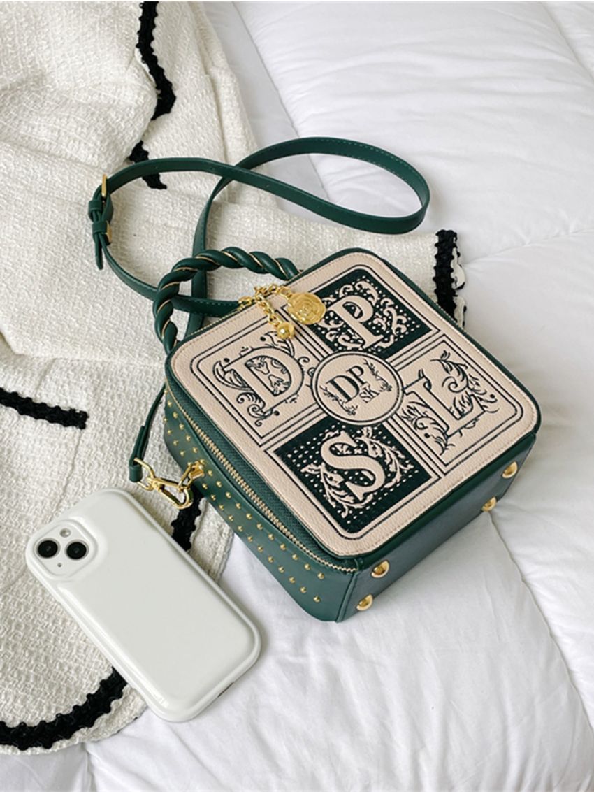 Mini Letter Embroidered Studded Decor Square Bag