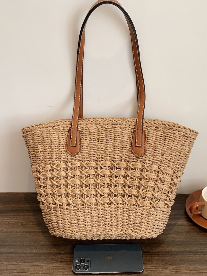 Minimalist Straw Bag Simple Straw Tote Bag, Large Capacity Shoulder Bag For Travel, Stylish Bag For Outdoor
