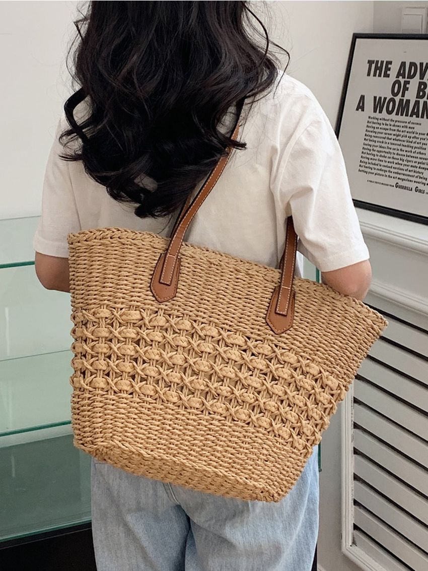 Minimalist Straw Bag Simple Straw Tote Bag, Large Capacity Shoulder Bag For Travel, Stylish Bag For Outdoor