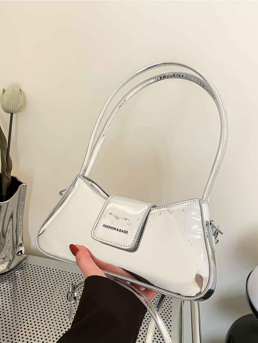 Metallic Letter Graphic Baguette Bag