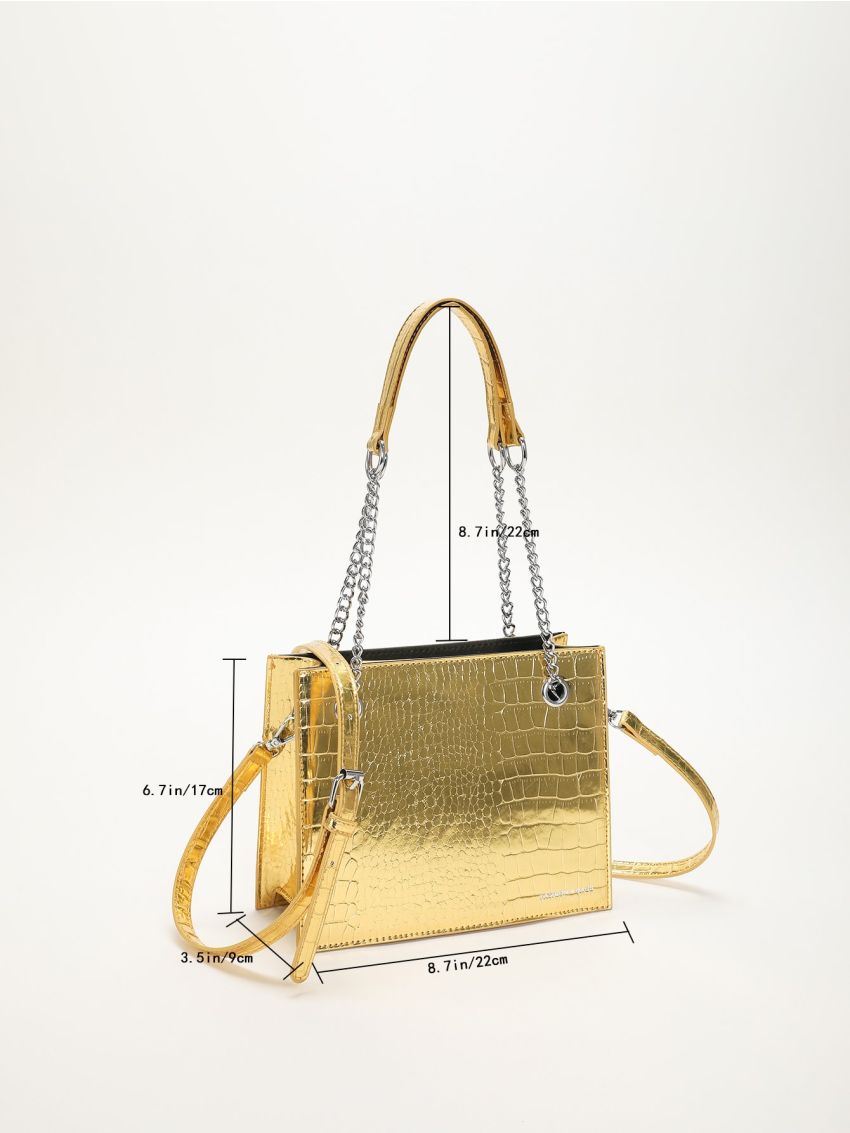 Metallic Crocodile Embossed Chain Square Bag