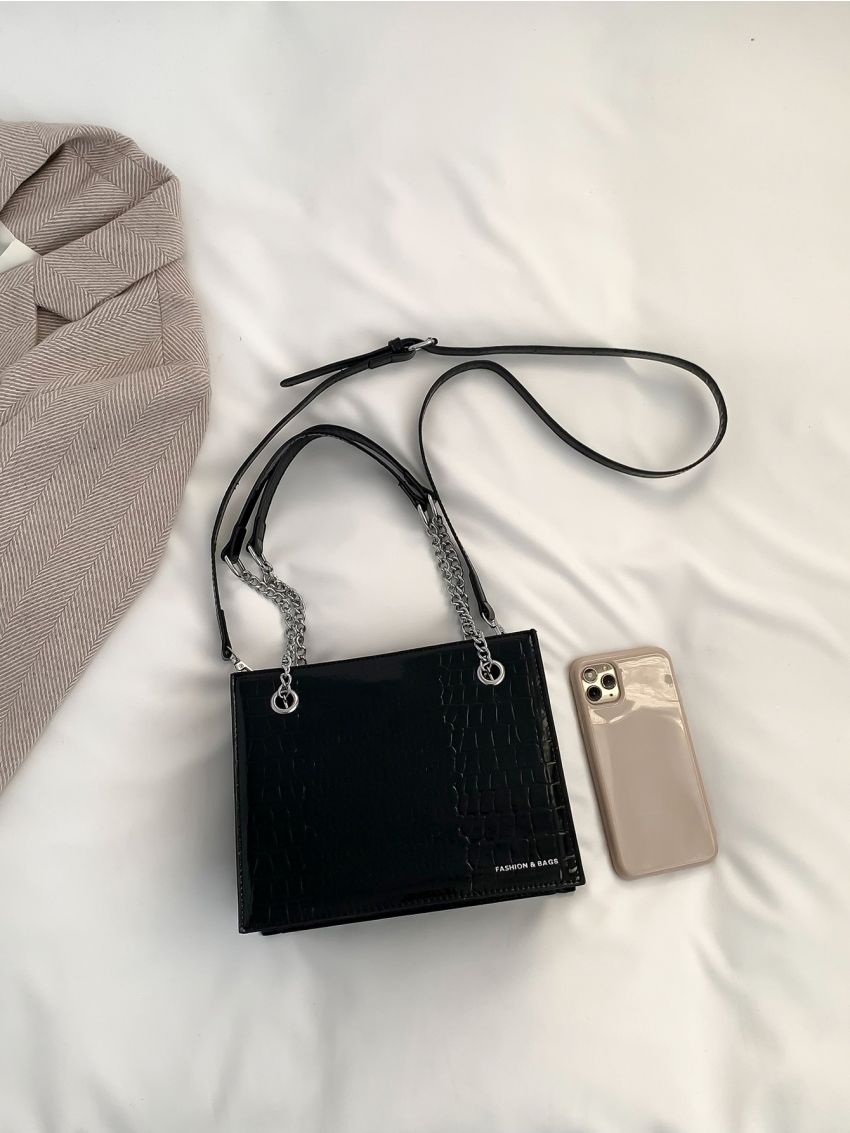 Metallic Crocodile Embossed Chain Square Bag