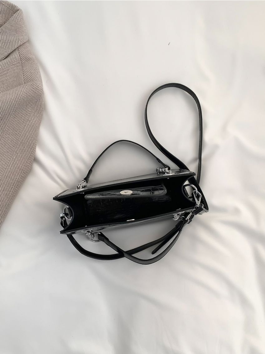 Metallic Crocodile Embossed Chain Square Bag