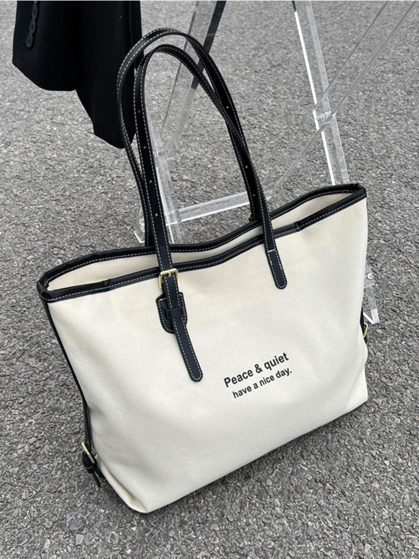 Letter Graphic Contrast Binding Shoulder Tote Bag