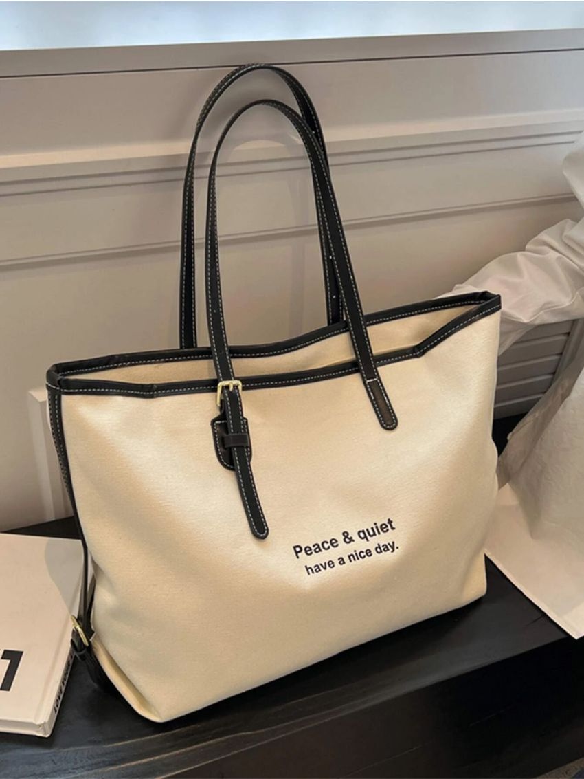 Letter Graphic Contrast Binding Shoulder Tote Bag