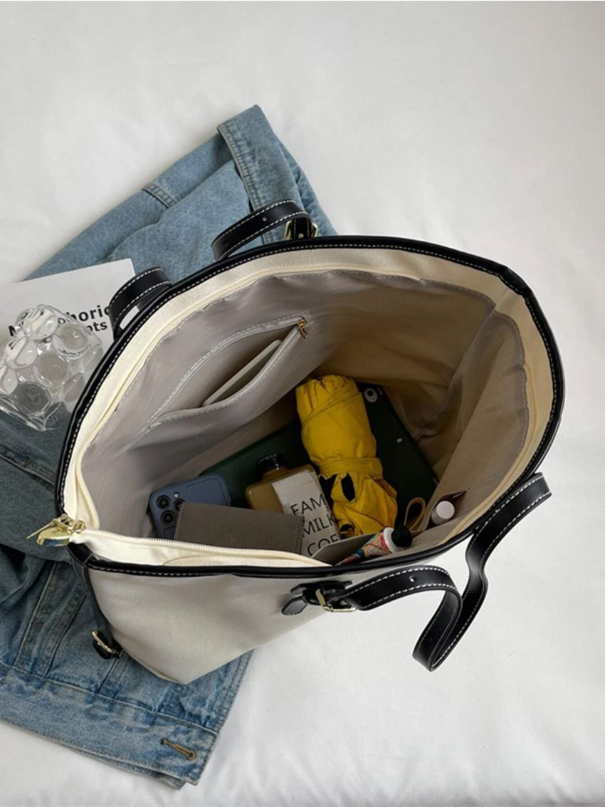 Letter Graphic Contrast Binding Shoulder Tote Bag