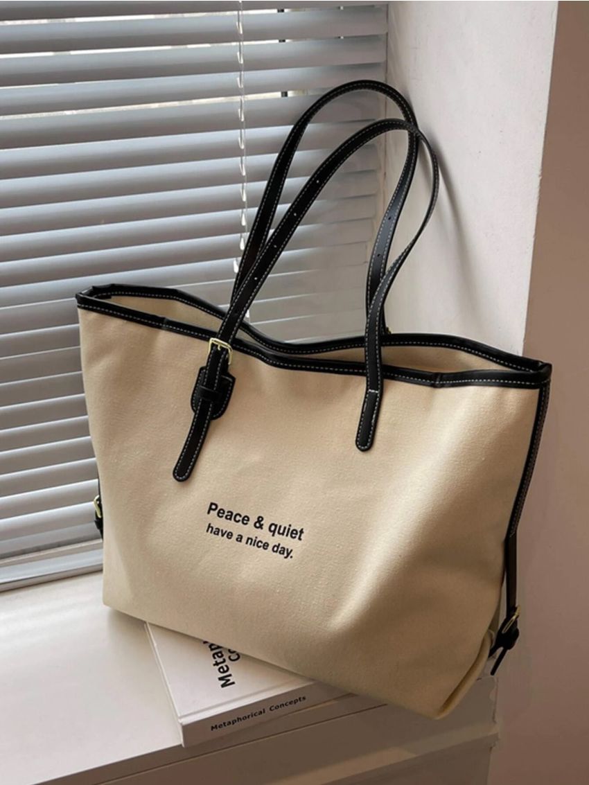 Letter Graphic Contrast Binding Shoulder Tote Bag