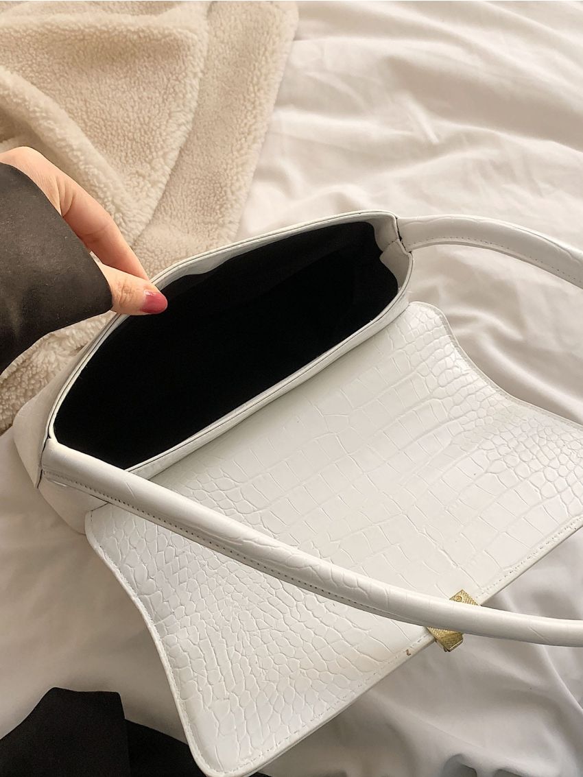 Crocodile Embossed Metal Lock Flap Square Bag