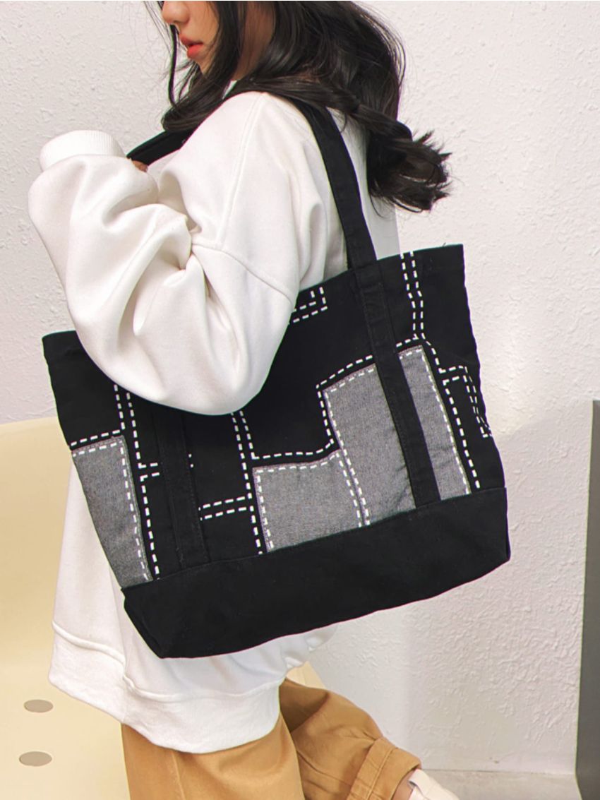 Colorblock Studded Decor Shopper Bag