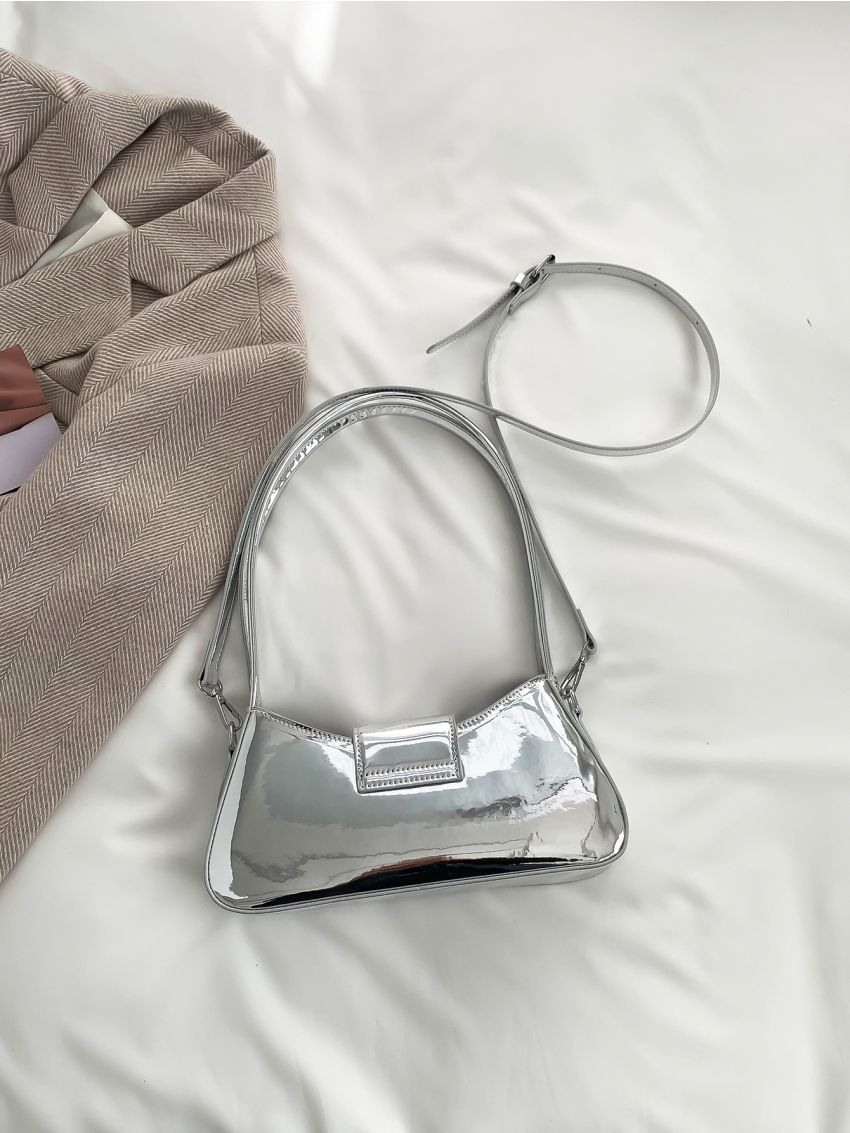 Metallic Artificial Patent Leather Baguette Bag