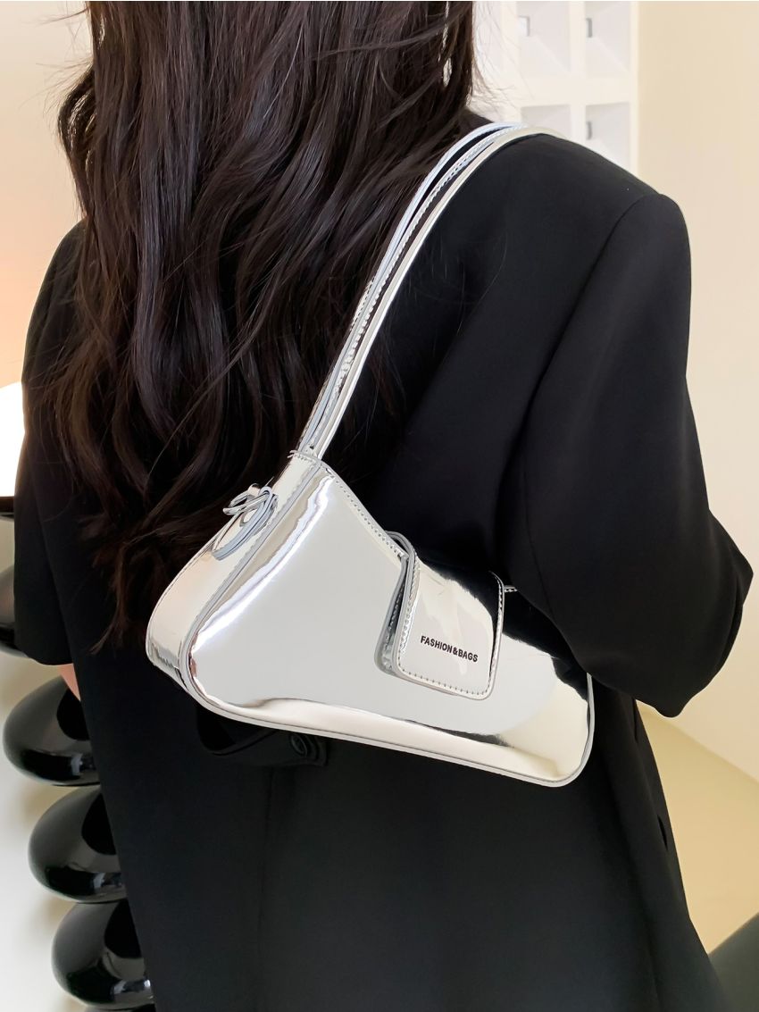 Metallic Artificial Patent Leather Baguette Bag