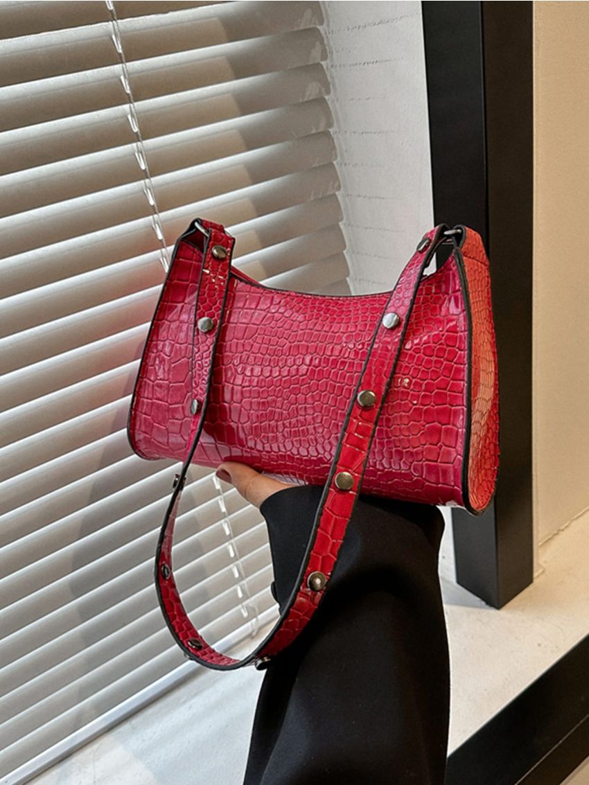 Crocodile Embossed Baguette Bag