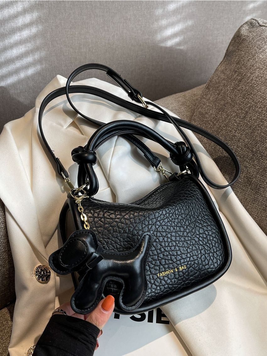 Mini Letter Graphic Litchi Embossed Satchel Bag With Bag Charm