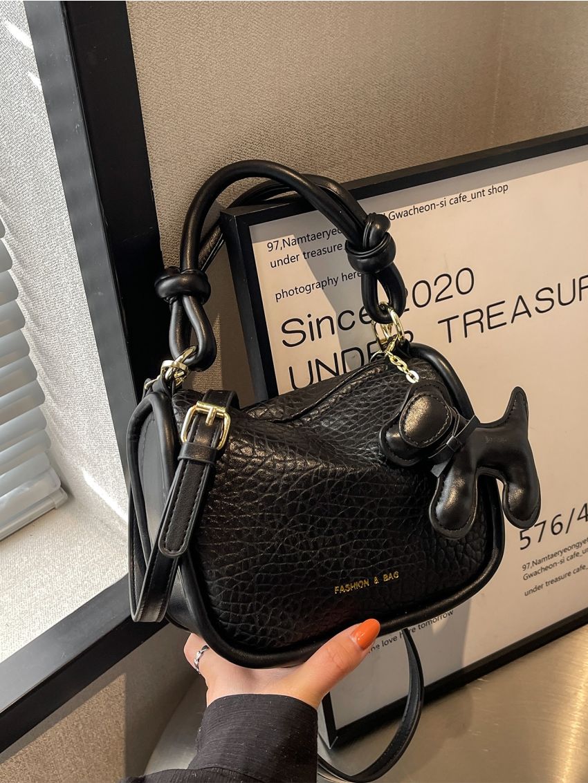 Mini Letter Graphic Litchi Embossed Satchel Bag With Bag Charm