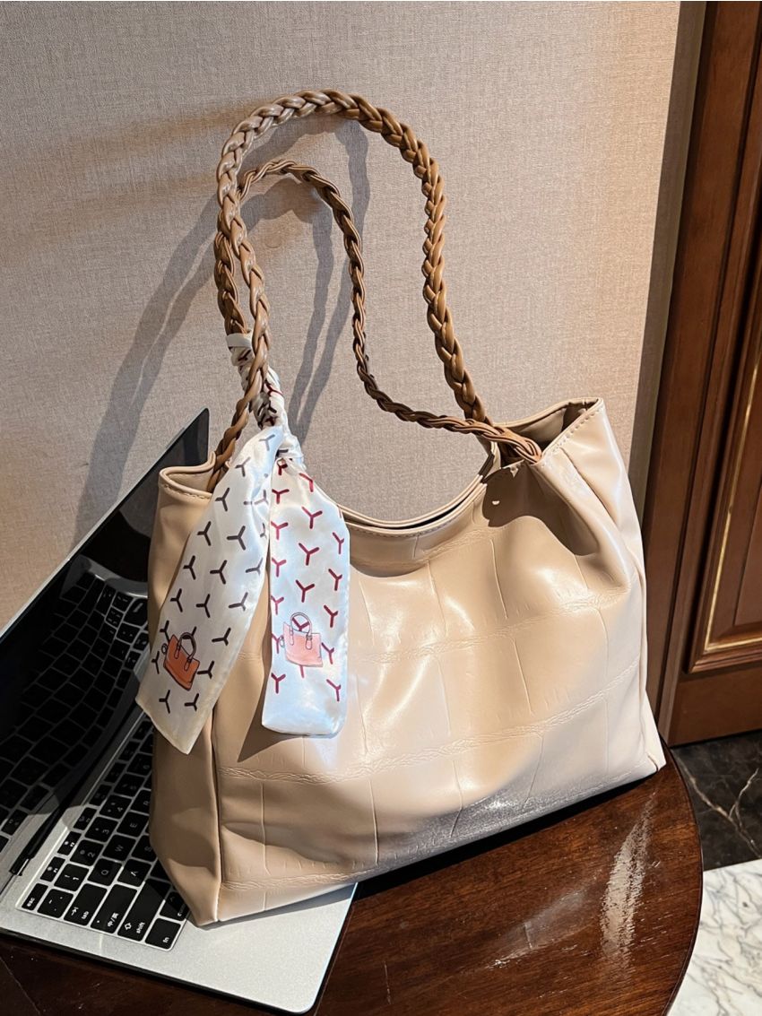 Crocodile Embossed Twilly Scarf Decor Shoulder Tote Bag