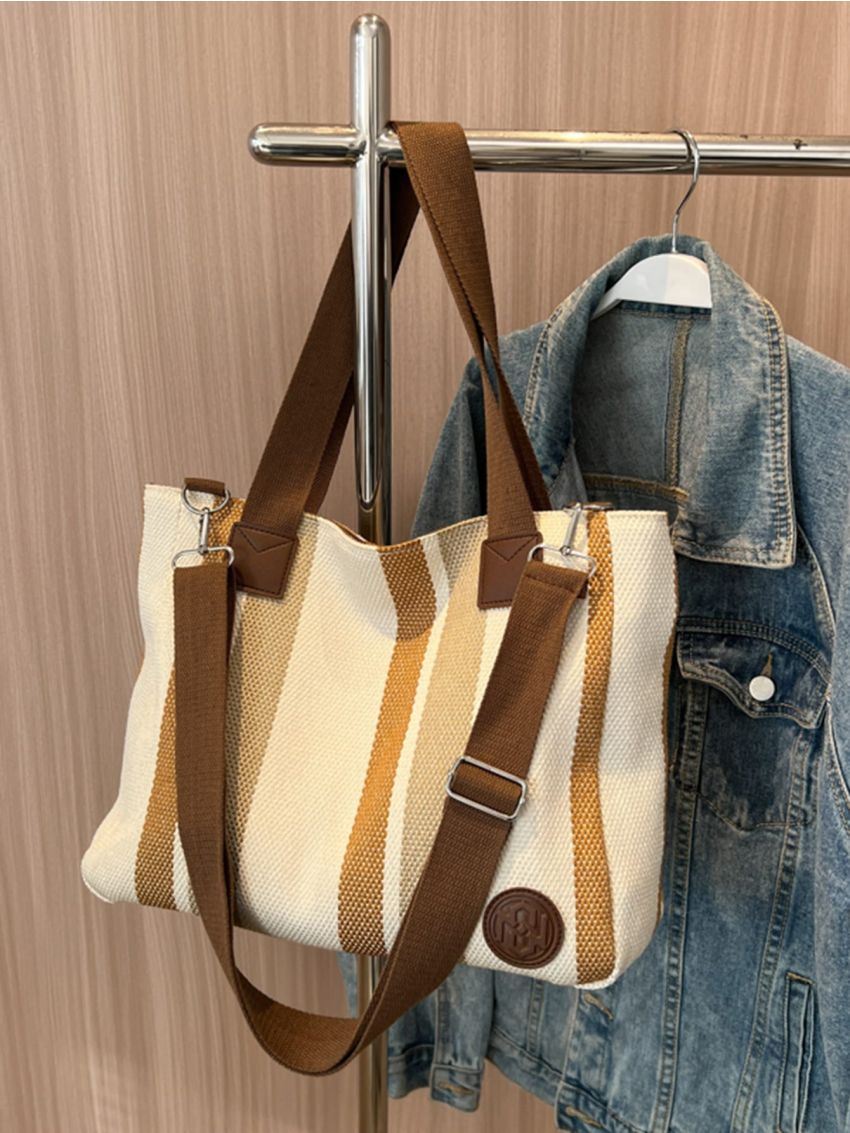 Striped Pattern Letter Patch Decor Shoulder Tote Bag