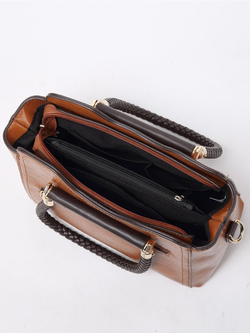 Brown Square Bag Double Handle Zipper PU