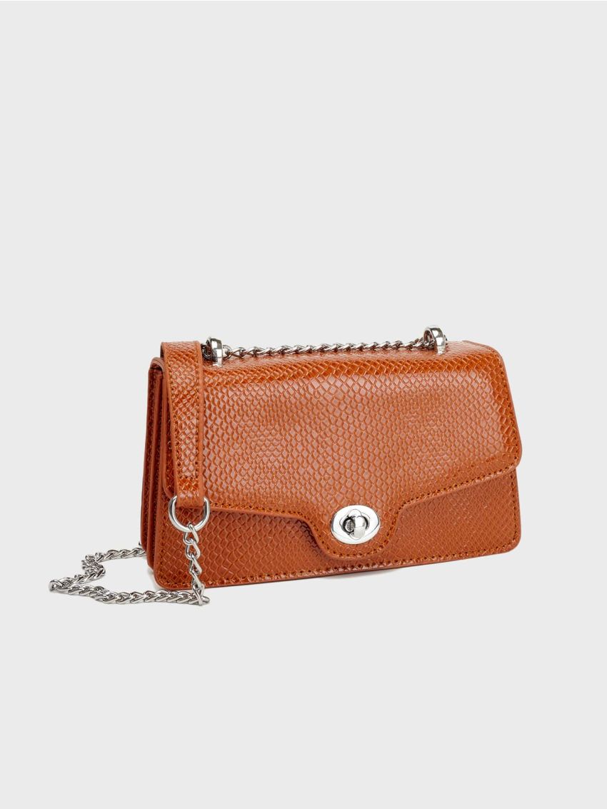Snakeskin Embossed Twist Lock Flap Chain Square Bag