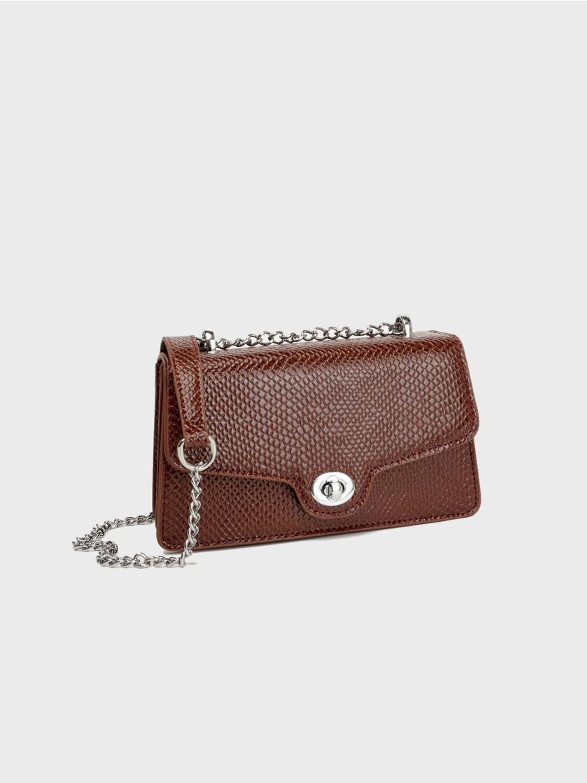 Snakeskin Embossed Twist Lock Flap Chain Square Bag