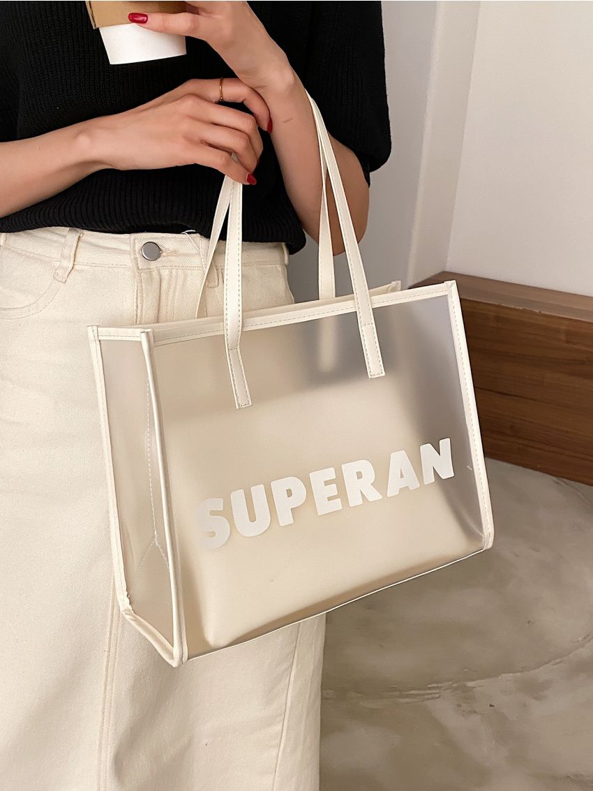 Clear Letter Graphic Shoulder Tote Bag With Inner Pouch