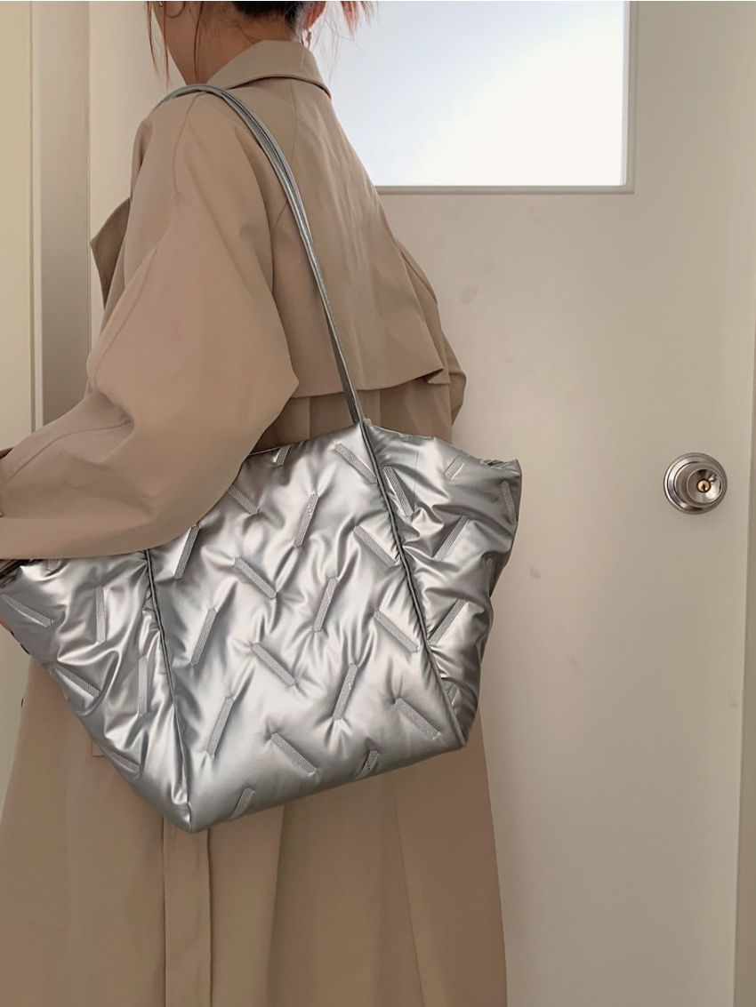 Metallic Quilted Shoulder Tote Bag