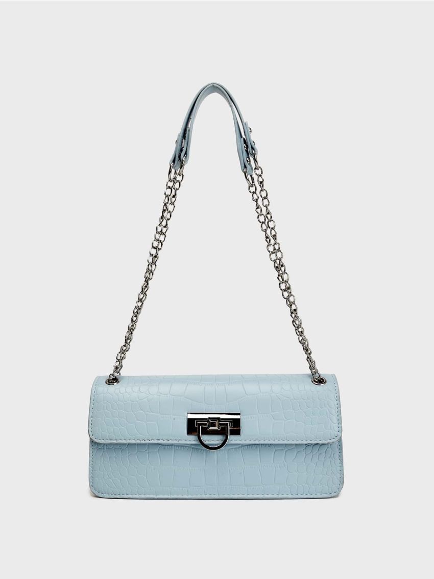 Crocodile Embossed Turn Lock Flap Chain Baguette Bag