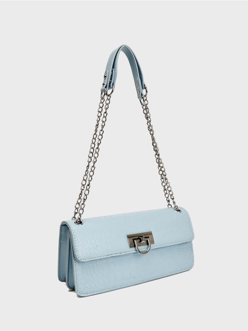 Crocodile Embossed Turn Lock Flap Chain Baguette Bag