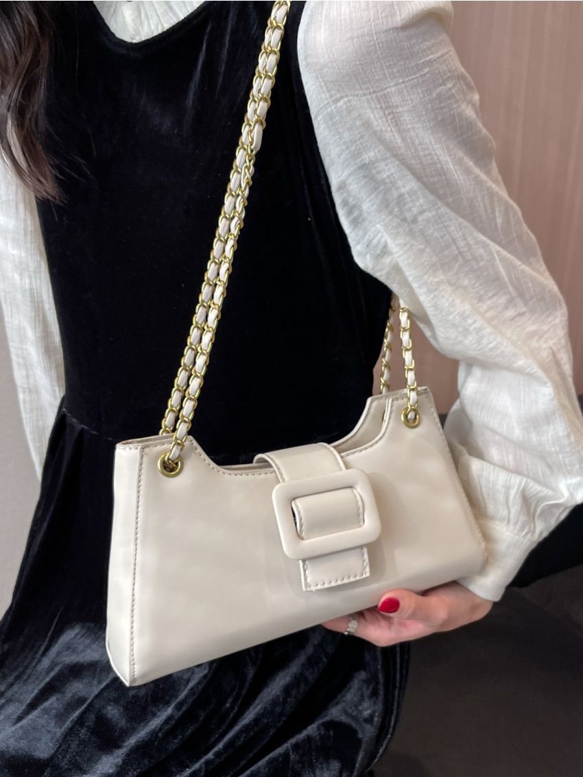 Buckle Decor Chain Baguette Bag
