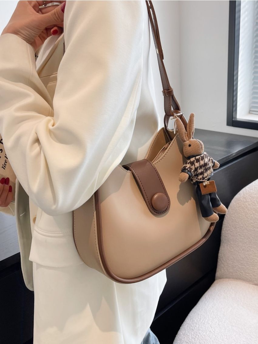 Contrast Piping Shoulder Bag With Bag Charm