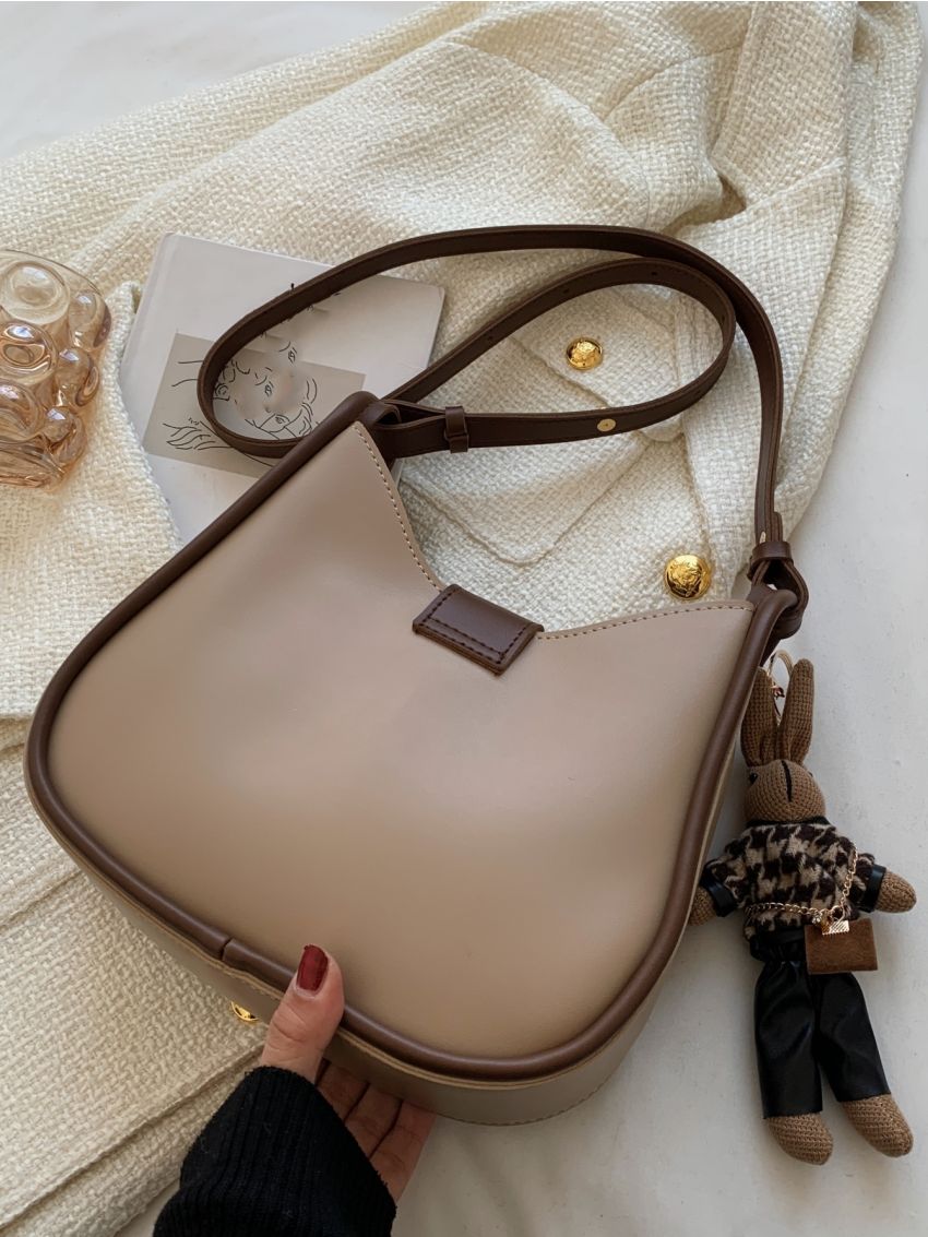 Contrast Piping Shoulder Bag With Bag Charm