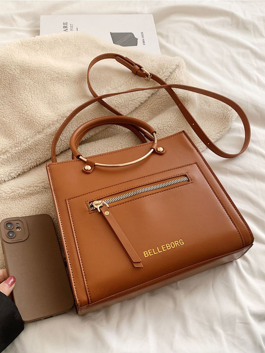 Letter Graphic Ring Handle Square Bag