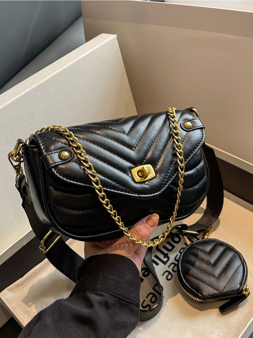 Chevron Quilted Twist Lock Flap Chain Square Bag With Coin Purse