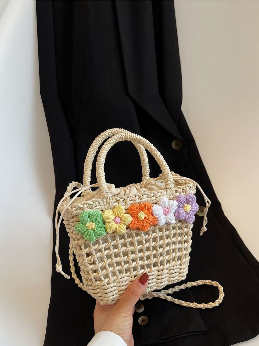 Mini Flower Decor Drawstring Design Straw Bag