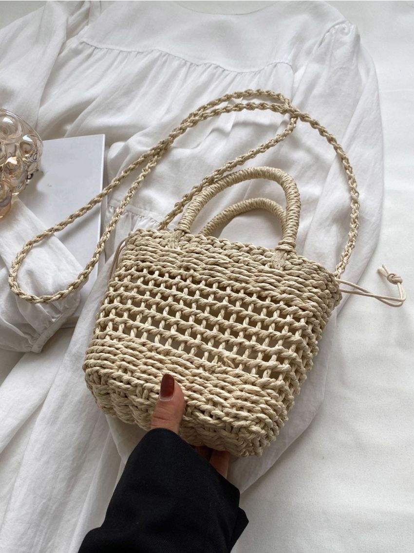 Mini Flower Decor Drawstring Design Straw Bag