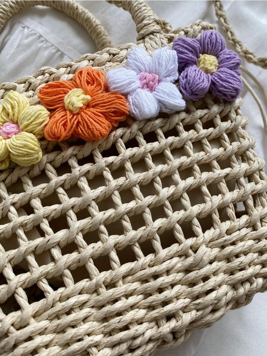 Mini Flower Decor Drawstring Design Straw Bag