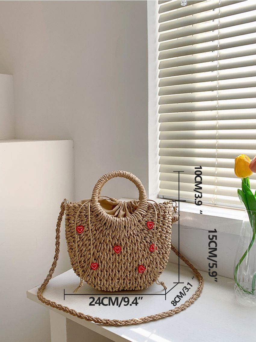 Heart Decor Drawstring Design Straw Bag