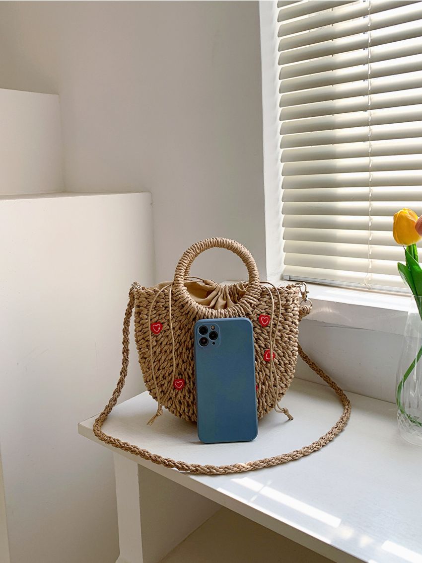 Heart Decor Drawstring Design Straw Bag