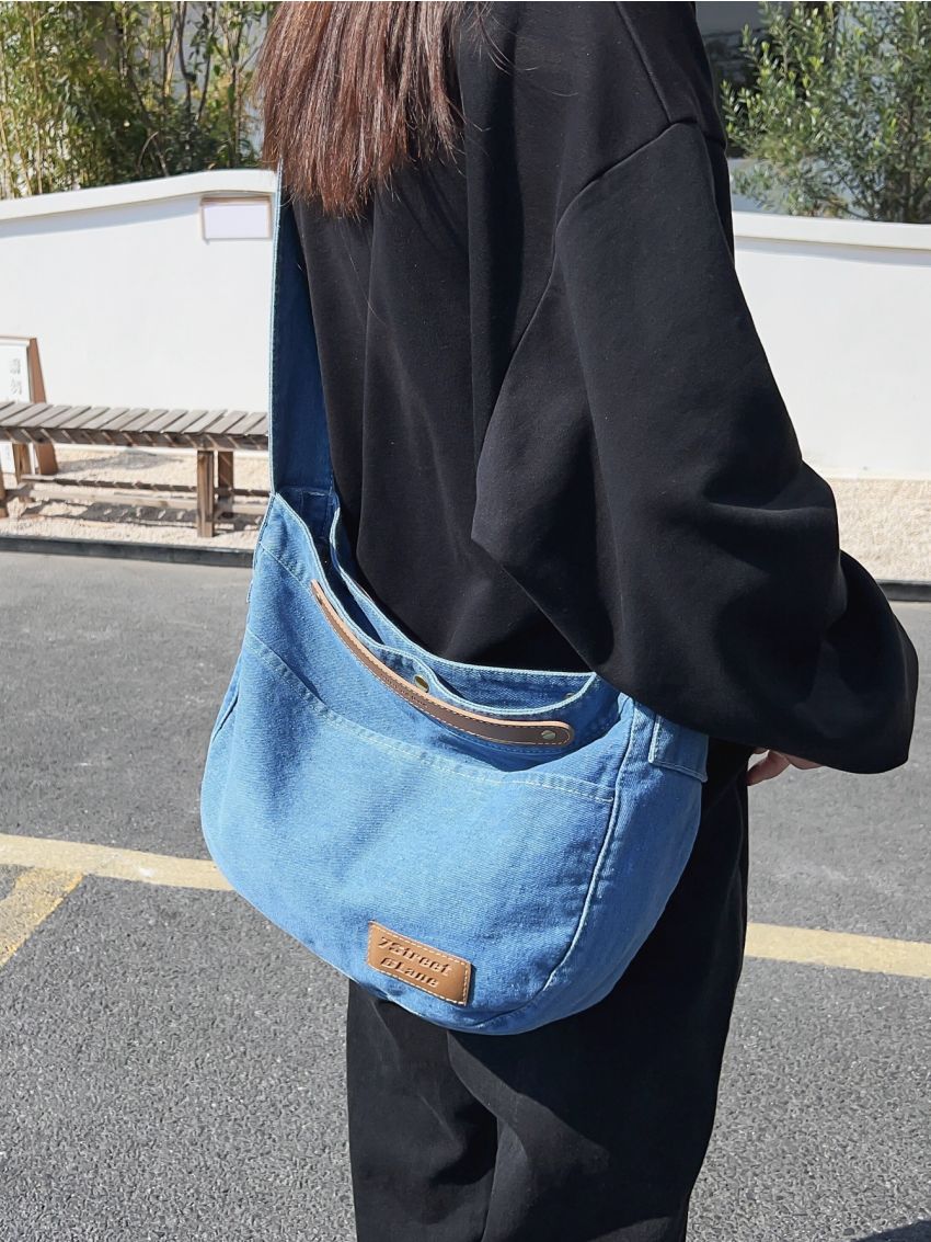 Letter Patch Decor Denim Top Handle Bag