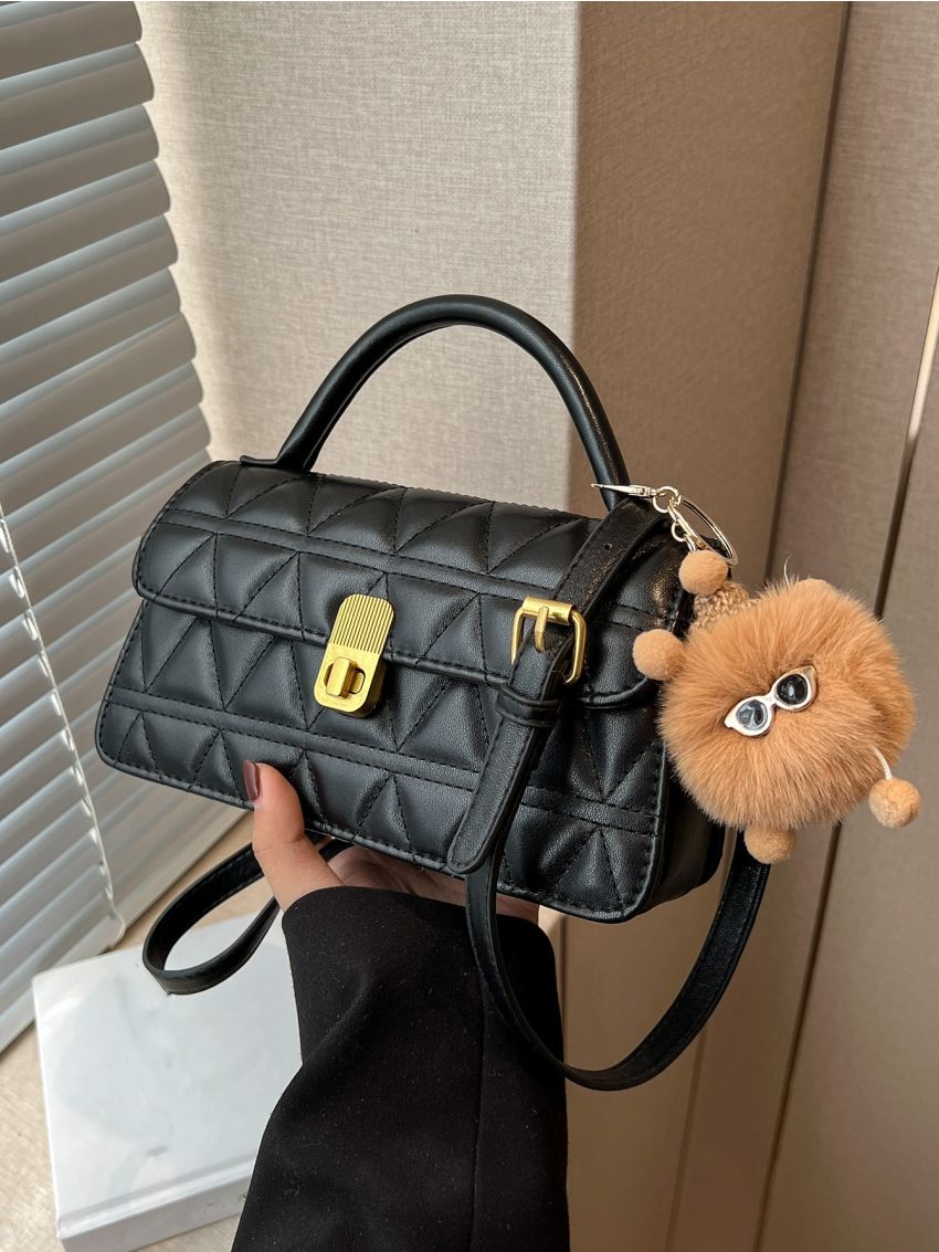 Quilted Flap Square Bag With Bag Charm