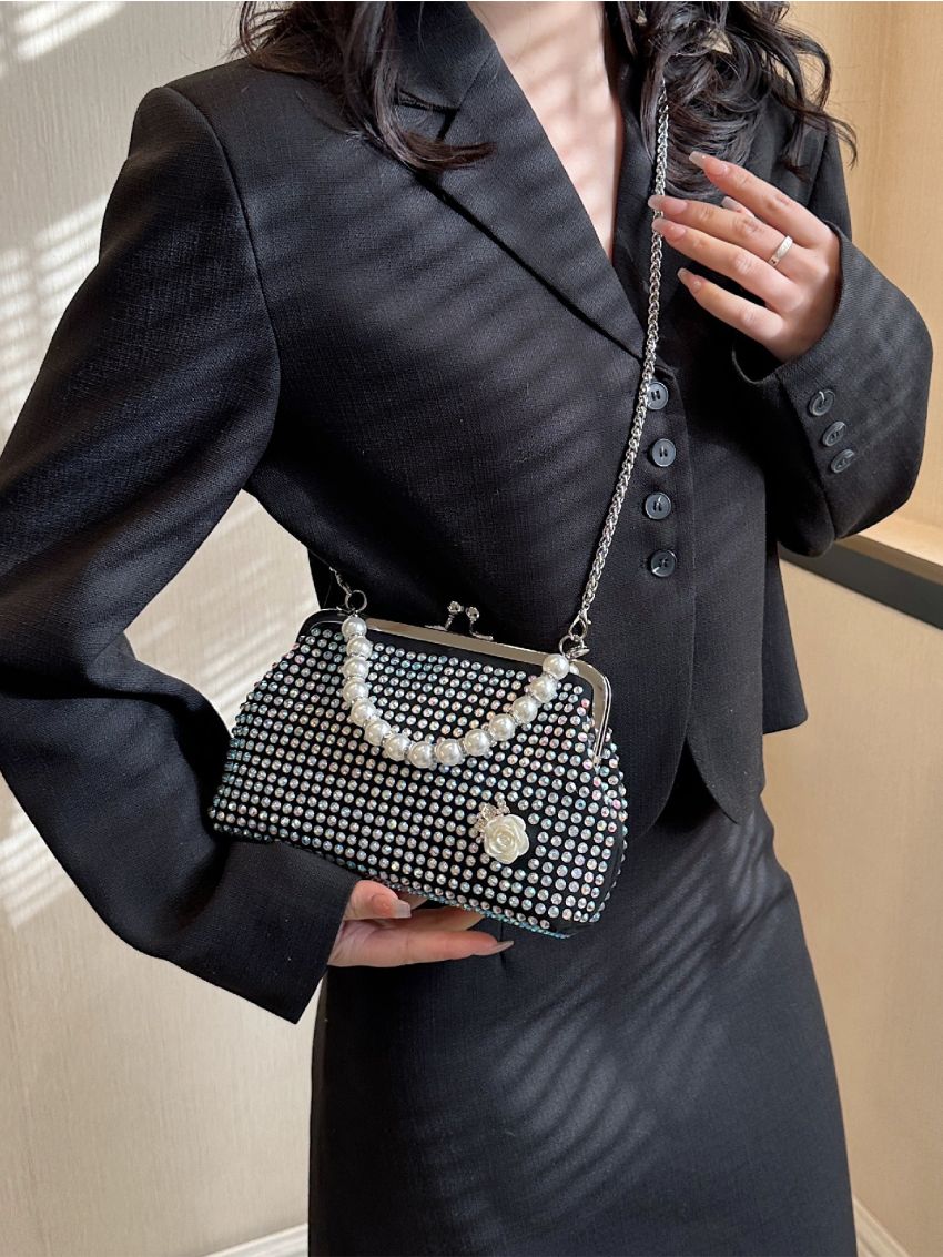 Rhinestone Decor Kiss Lock Chain Square Bag