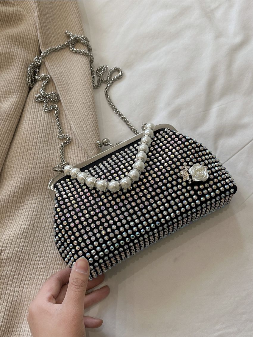 Rhinestone Decor Kiss Lock Chain Square Bag