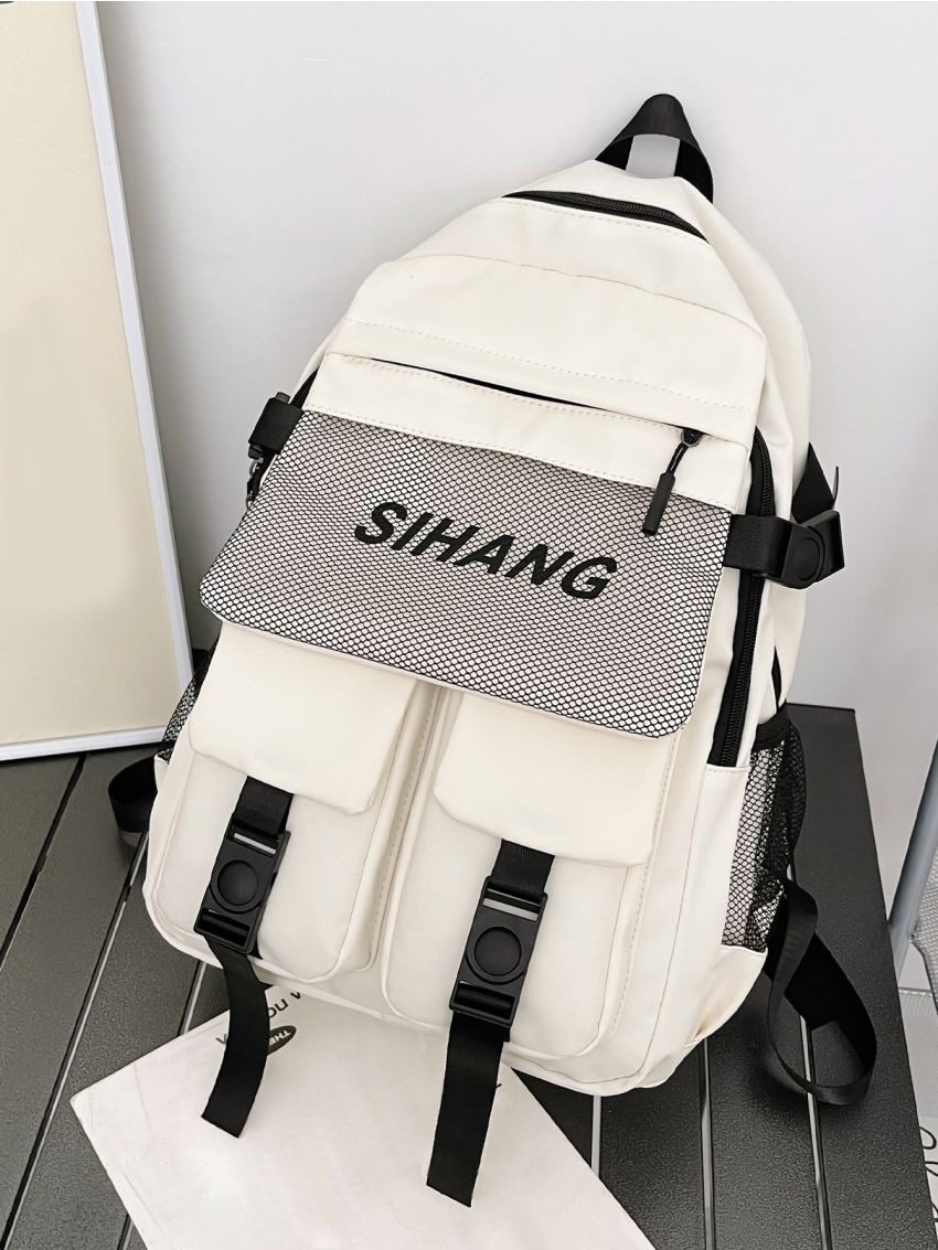 Letter Graphic Release Buckle Decor Functional Backpack