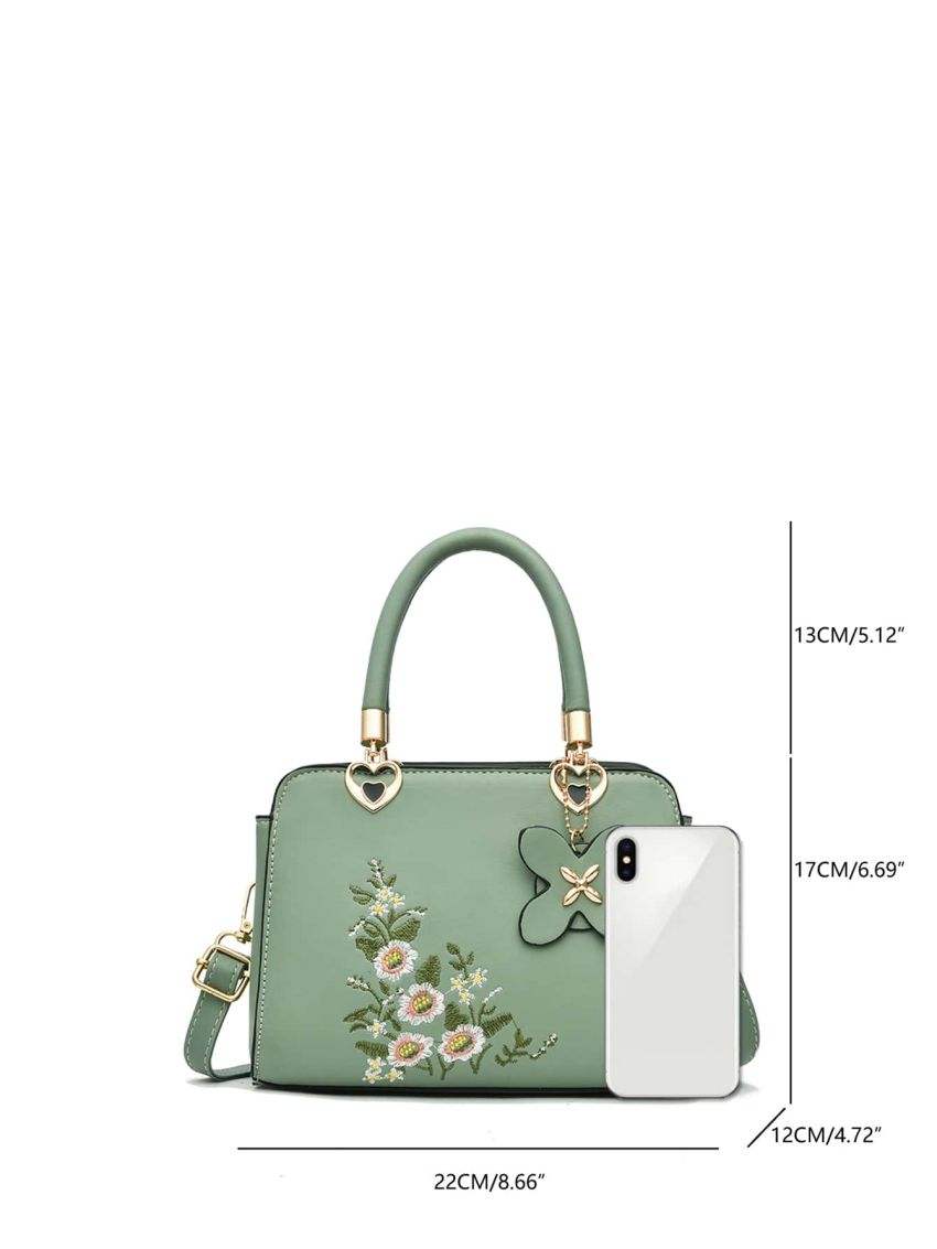 Elegant Floral Pattern Embroidered Square Handbag, Women's Fashion Artificial Leather Shoulder Bag, Trendy Double Handle Purse With Bag Charm, Elegant For Office & Work