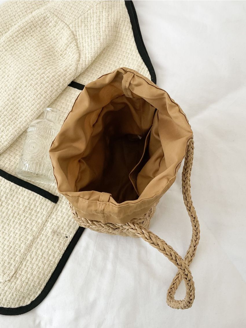 Faux Pearl Decor Drawstring Design Straw Bag