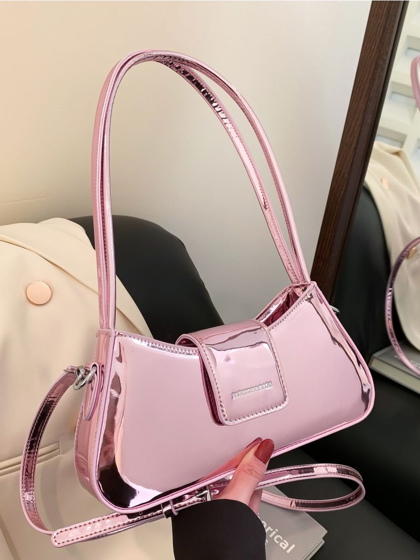 Metallic Letter Graphic Baguette Bag