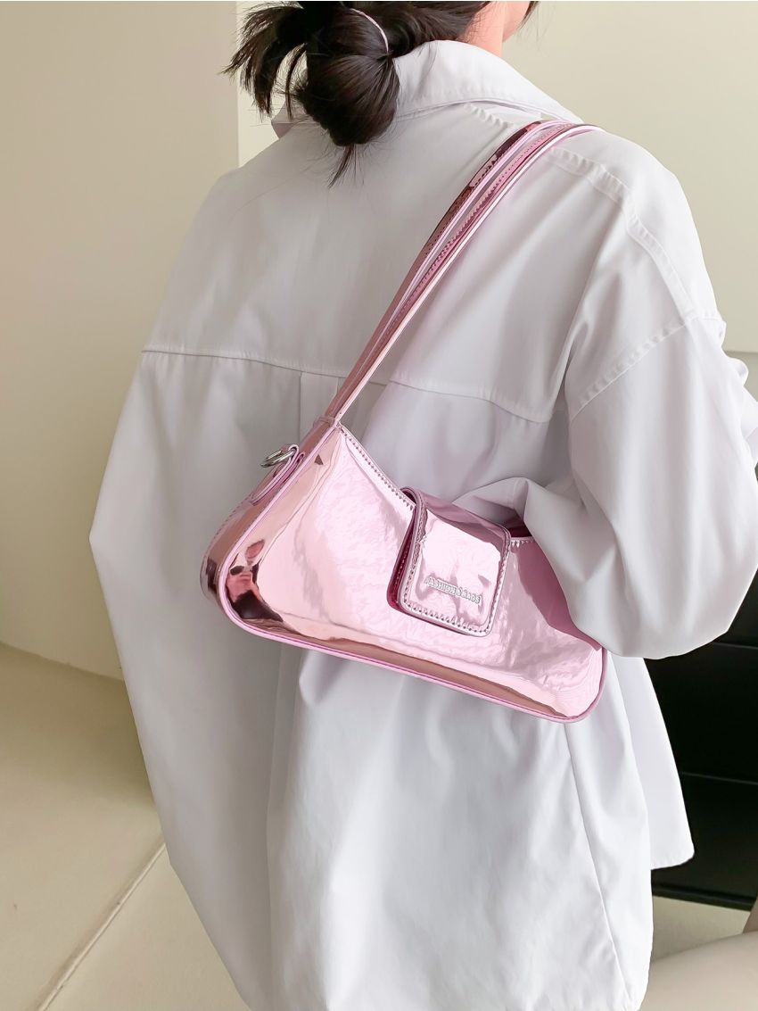 Metallic Letter Graphic Baguette Bag