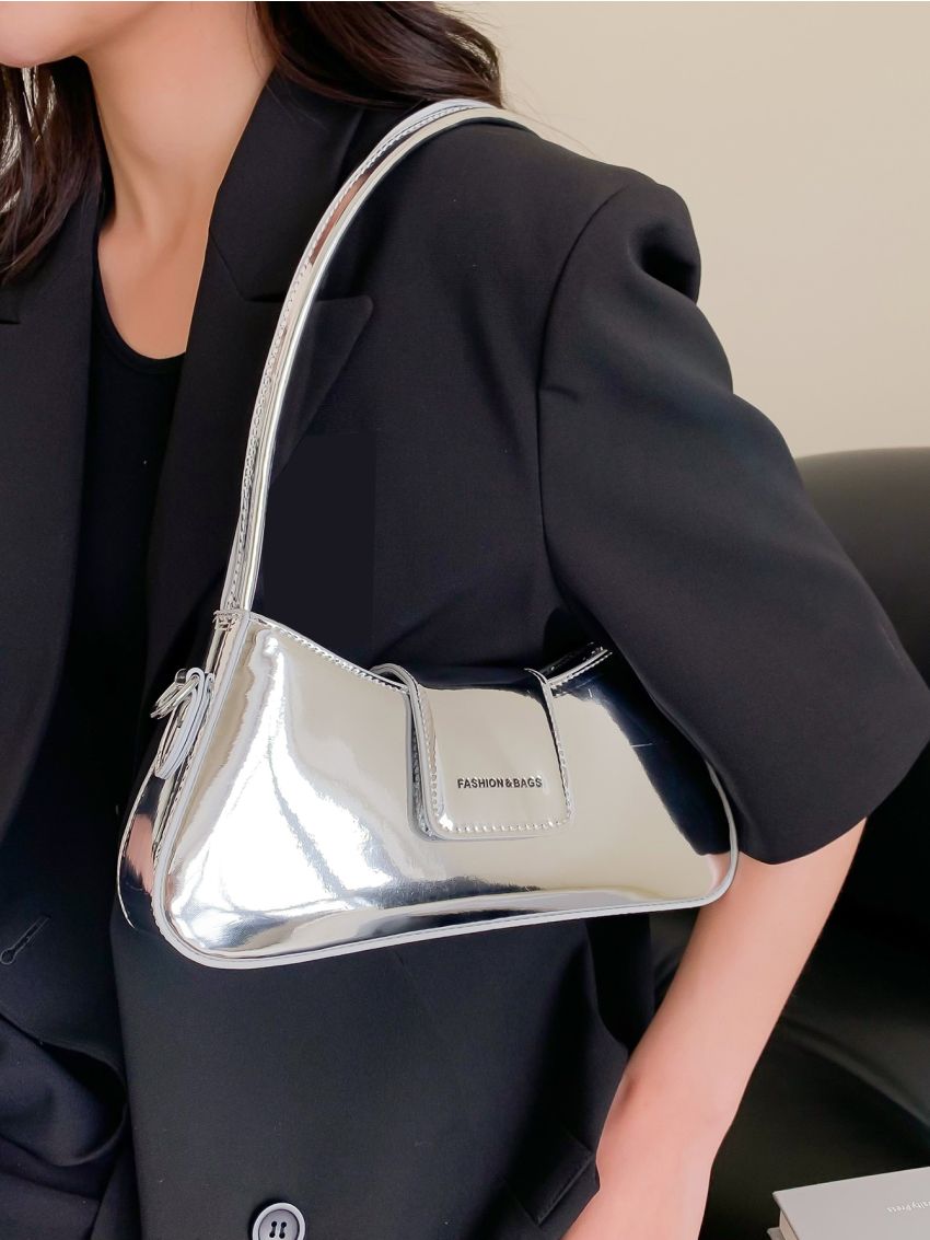 Metallic Artificial Patent Leather Baguette Bag
