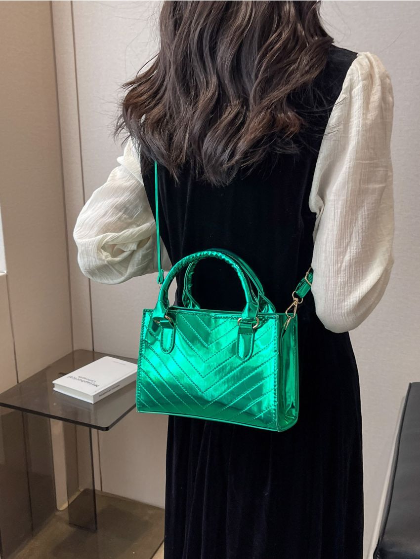 Mini Neon Green Chevron Pattern Square Bag