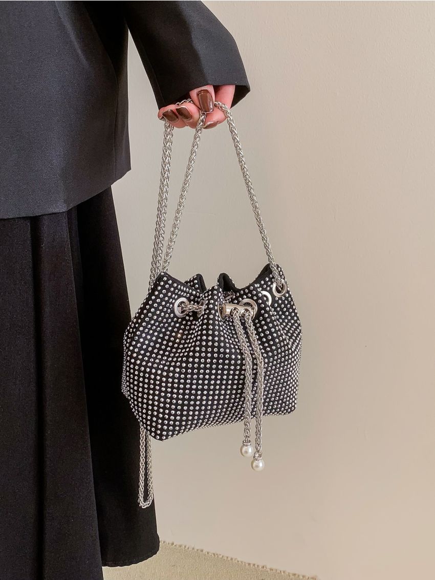Faux Pearl & Rhinestone Decor Bucket Bag