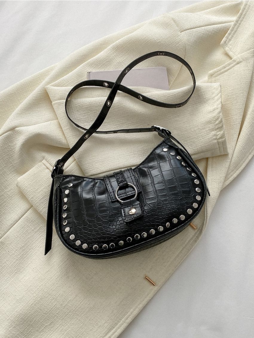 Crocodile Embossed Studded Decor Hobo Bag